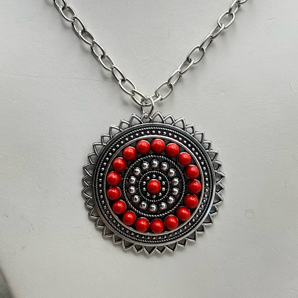 Silver and Red Pendant Necklace